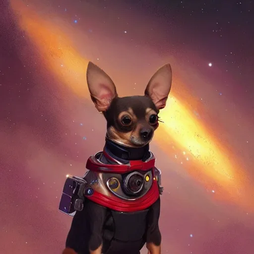 Prompt: A chihuahua as a space captain, intricate suit, cinematic lighting, highly detailed, digital painting, artstation, concept art, smooth, sharp focus, illustration, art by Artgerm and Greg Rutkowski