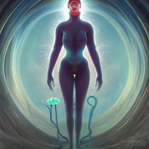 Image similar to by tom bagshaw, a centered wide shot soft paint render of a curiositywater waves lovecraft world, single female underwater with full bodysuit armor, tentacles, bioluminescence, symmetry accurate features, ominous depths, elegance, refractions, reflections, focus, rainbow lighting, very high detail, gods ray, octane, artstation