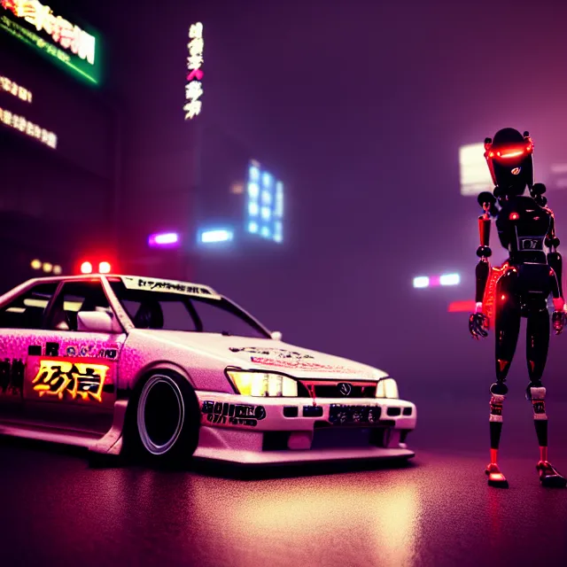 Prompt: toyota jzx 1 0 0 illegal drift car with cyberpunk robot geisha girl standing, detailed wheels, shibuya prefecture, cinematic lighting, fog mist smoke, photorealistic, night photography, octane render by tomino - sama