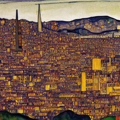 Image similar to scientific illustration of san francisco skyline, egon schiele portrait style