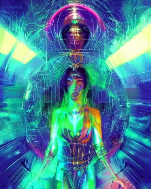 Image similar to a powerful energy psychedelic woman, by alexander fedosav, hyper detailed digital matte painting, concept art, hyperrealism, 1 6 k resolution, cinema 4 d, 8 k resolution, trending on artstation, behance hd, a masterpiece, by stephan martiniere, particles, cel - shaded, power bright neon energy, by david a. hardy,