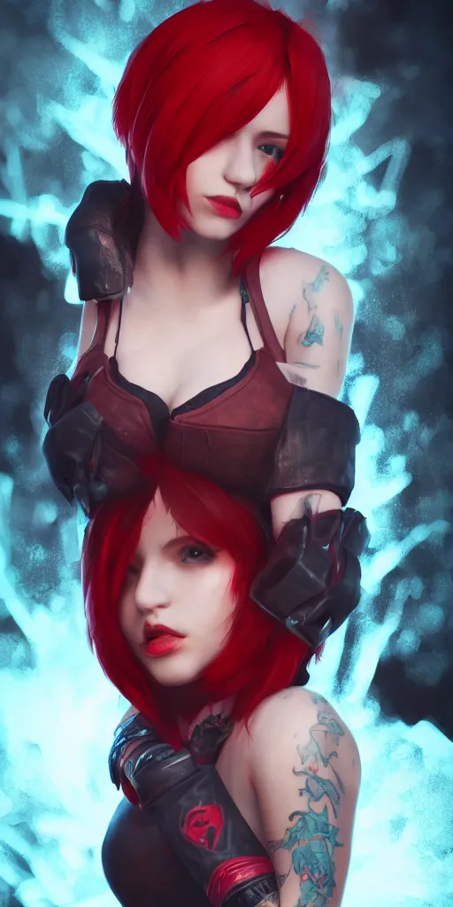 Image similar to a girl with short red hair, cool, vi from arcane, league of legends, fighter, cool red jacket, tattoo, beautiful, 3 d, potrait, art staion, studio light, closeup shot, octane render, wlop, realistic, neon