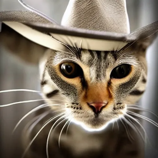 Image similar to a meme photo of a sad cat wearing a cowboy hat