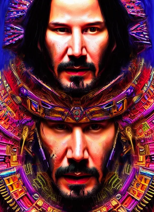 Prompt: portrait of keanu reeves, hyper detailed ultra sharp aztec shaman warrior. trending on artstation, warpaint aesthetic, bloodwave, colorful, psychedelic, ornate, intricate, digital painting, concept art, smooth, sharp focus, illustration, art by artgerm and greg rutkowski and h. r. giger, 8 k