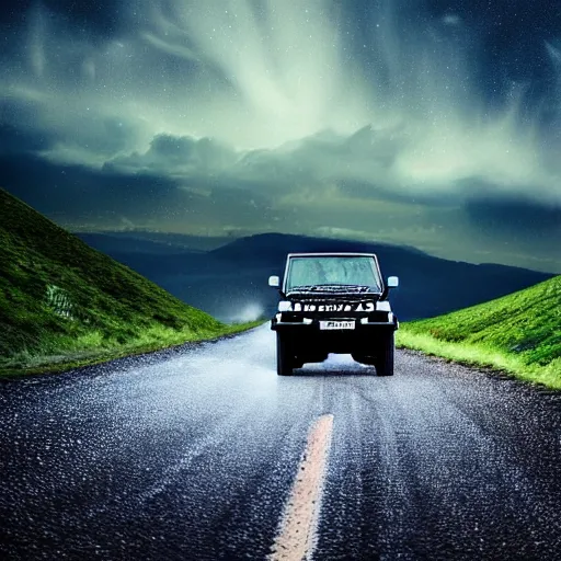 Image similar to land rover discovery driving down a windey road with noctoluminescent clouds in the sky, simplistic style, 1 9 8 0 s poster style