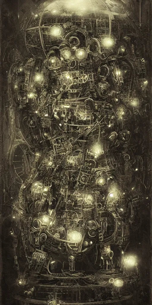 Image similar to old wetplate daguerreotype birth of artificial futuristic robots life, in metropolis, fractal, intricate, elegant, highly detailed, parallax, leica, medium format, subsurface scattering, by jheronimus bosch and greg rutkowski and louis jacques mande daguerre