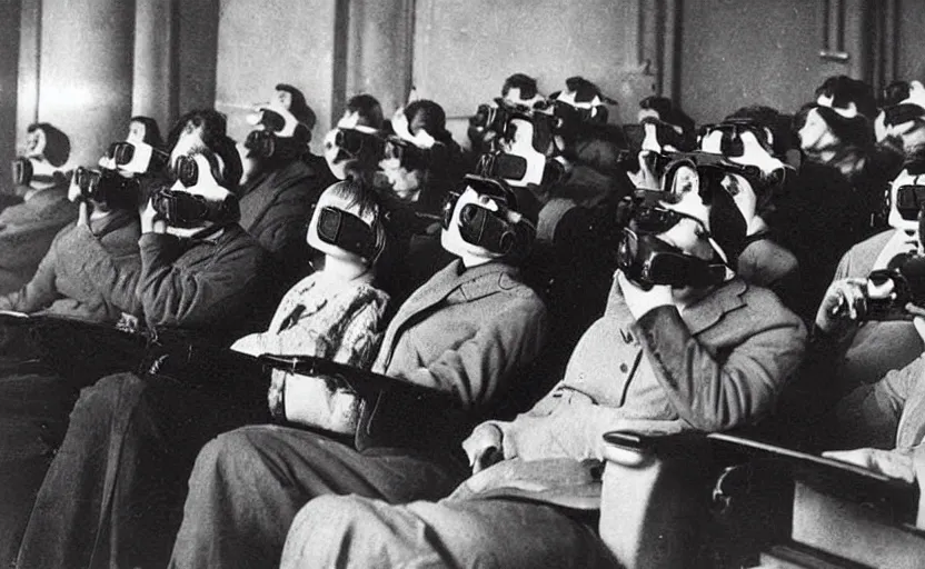 Prompt: 1 9 0 0 s photo of people wearing virtual reality headsets vr in a movie theater masterpiece old photograph