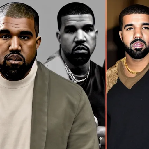 Image similar to A photo of Kanye West and Drake on the set of a music video, 8K concept art, realistic faces, detailed, f/35,