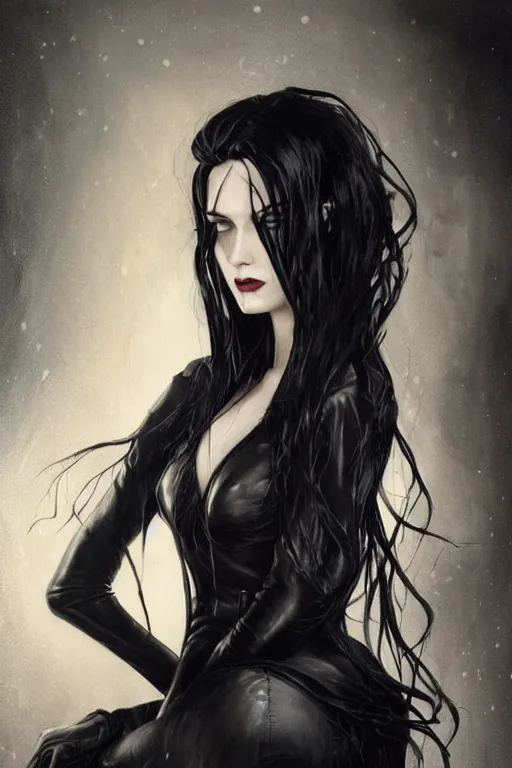 Image similar to a beautiful woman with long black hair, blue eyes, gothic, intricate, elegant, dramatic lighting, gorgeous face, black leather jacket, highly detailed, lifelike, photorealistic, digital painting, artstation, illustration, concept art, smooth, sharp focus, art by John Collier and Albert Aublet and Krenz Cushart and Artem Demura and Alphonse Mucha