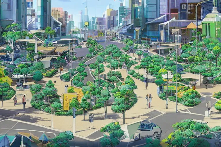 Prompt: an optimistic futuristic west australian city street with a pop cannabis leaf motif, by studio ghibli