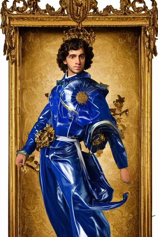 Image similar to full-body sculpture of a young handsome Spanish prince as a half android with a glowing blue battery in his chest, white laser beam coming out of his eyes, crown of giant diamonds, flowing neon-colored silk, fabric, raptors, in a cyperbunk and baroque style. baroque elements. full-length view. baroque element. intricate artwork by caravaggio mechanical roses. Trending on artstation, octane render, cinematic lighting from the right, hyper realism, octane render, 8k, depth of field, 3D