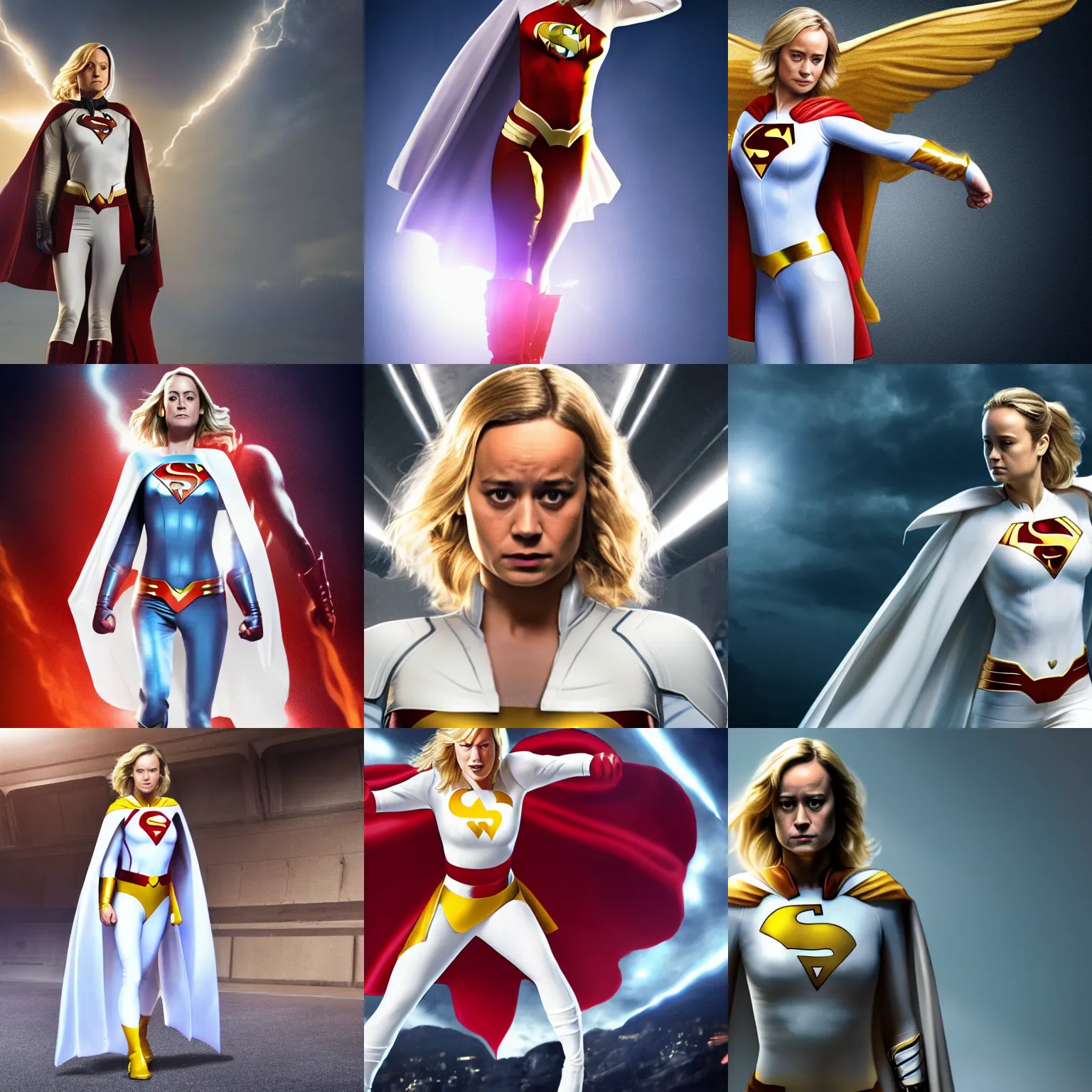 Prompt: Brie Larson as DC Comics' Power Girl, full body with white costume and cape and chest, photo, 4k