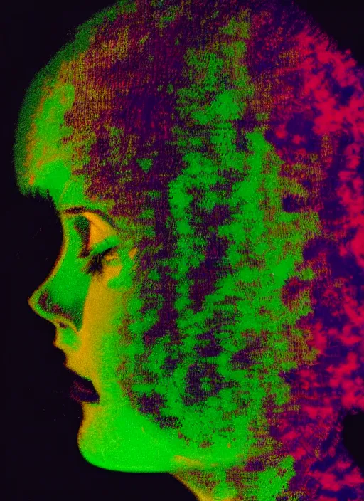 Prompt: a woman's face in profile, made of luminescent multi-colored foliage, in the style of the Dutch masters and Gregory Crewdson, dark and moody, plain black background