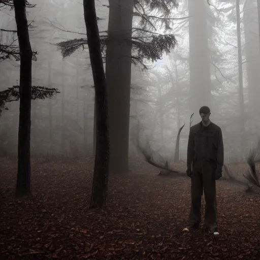 Prompt: an old photo of an incredibly tall thin pale bipedal creature with antlers deep in a dark foggy forest