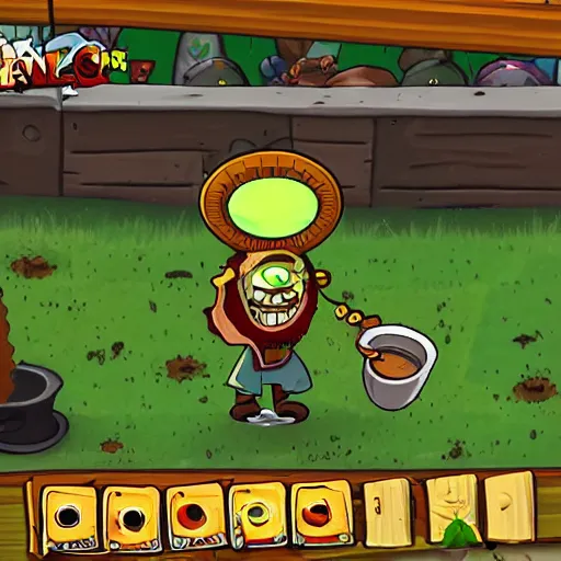 Prompt: a photo of Crazey Dave Blazing III from plants vs zombies wearing a pot on his head and watering his plants at the golden hour