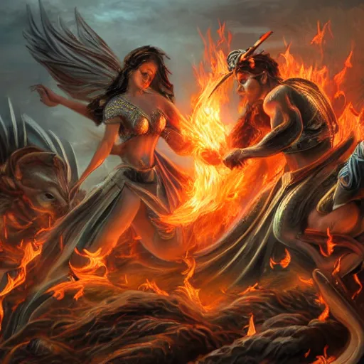 Prompt: of mythological battle scene made of pure fire and scorching flames, hyperrealistic cinematic portrait as trending on art station