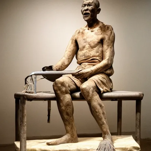 Image similar to hyperrealistic sculpture of a fossilized bronze chinese prisoner on an operating table in a cage on a pedestal, surrounded by surgeons, by duane hanson and lee bontecou and giacometti, patina, hyperrealistic dramatic colored lighting trending on artstation 8 k