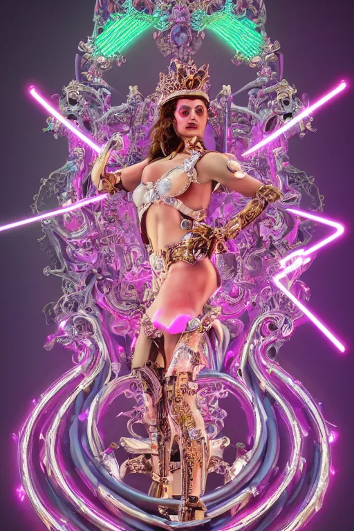 Prompt: full-body neon marble bladerunner and baroque style sculpture of a beautiful spanish princess wearing thick 3D glasses as a half android with a porcelain chest, electric sparks, crown of giant diamonds, sparkling laserbeams, pink and white neon tigers, baroque elements. full-length view. baroque element. intricate artwork by caravaggio. Trending on artstation, octane render, cinematic lighting from the right, hyper realism, octane render, 8k, depth of field, 3D