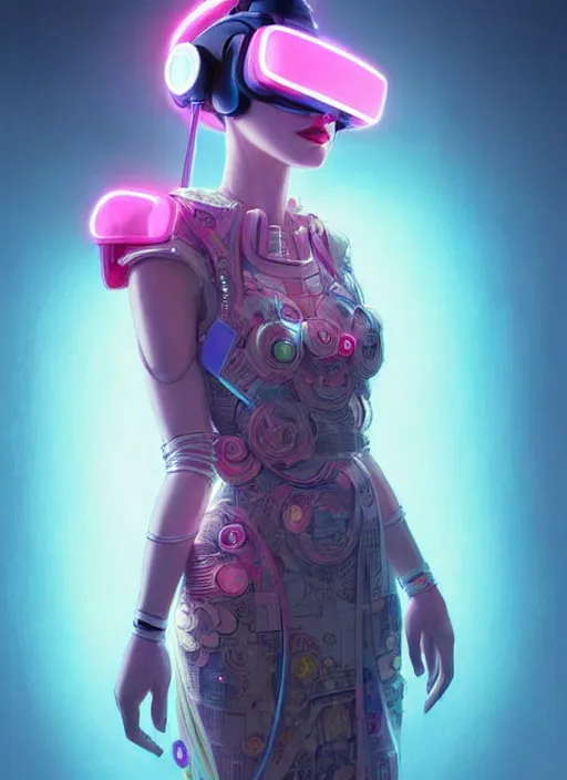 Prompt: wide angle portrait shot of female japanese android wearing a vr headgear and in an elaborate kimono dress, hologram hovering around her, intricate detail, cyber neon lighting, highly detailed, artstation, glamor pose, concept art, art by peter mohrbacher and artgerm and james jean, pinterest, artstation,