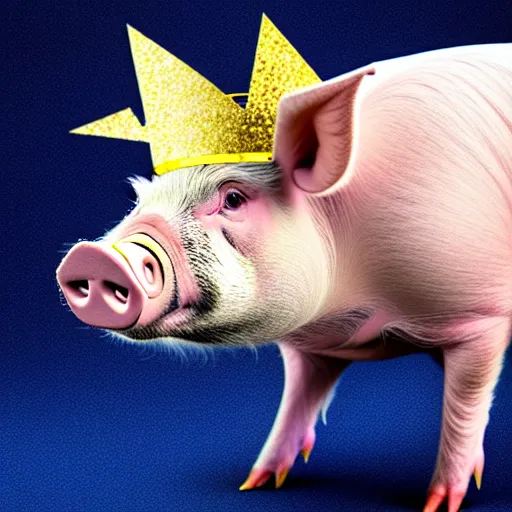 Image similar to pig wearing a gold crown eating a pork rind 8k resolution