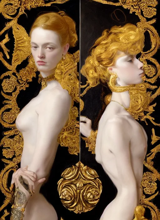 Prompt: highly detailed oil painting | very intricate | cinematic lighting | black, white and gold color scheme, dark background | decorative seamless pattern by alexander mcqueen | by roberto ferri, by gustav moreau, by singer sargent and klimt, american romanticism, occult art | by austin osman spare, artstation, cgsociety, official art, octane