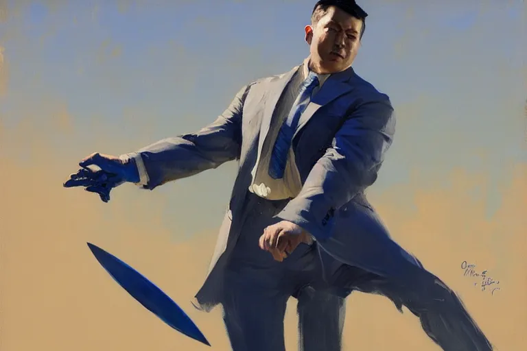 Image similar to greg manchess portrait of throwing knives at a man in a blue suit, profile picture, organic painting, sunny day, matte painting, bold shapes, hard edges, street art, trending on artstation, by huang guangjian, gil elvgren, ruan jia, randy vargas, greg rutkowski