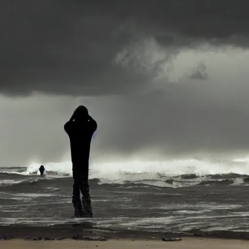 Prompt: the last man is standing hip deep in wild ocean waves