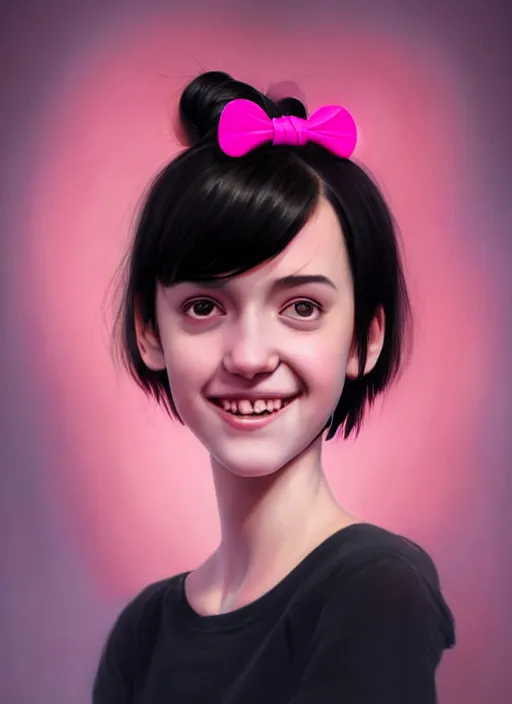 Image similar to portrait of high school girl, realistic, black hair, bangs, half updo hairstyle, pointy nose, skinny, smile, ugly, defined jawline, big chin, pink hair bow, earrings, intricate, elegant, glowing lights, highly detailed, digital painting, artstation, sharp focus, illustration, art by wlop, mars ravelo and greg rutkowski