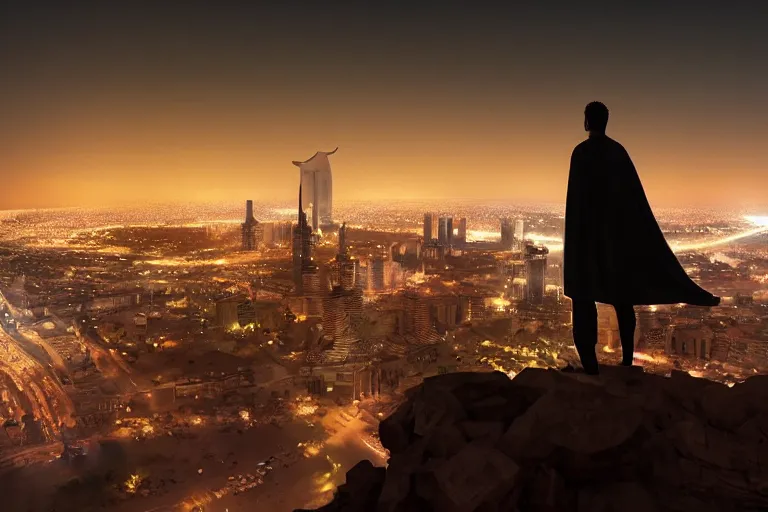 Image similar to arab man overlooking Riyadh city at night silhouette dramatic, dark, superhero, concept design, environment concept, artstation, digital art