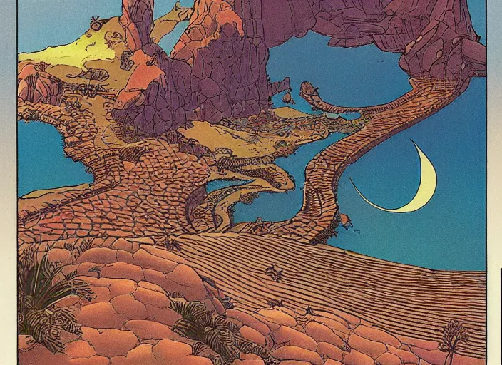 Image similar to Gran Canaria at the style of Moebius, fine details