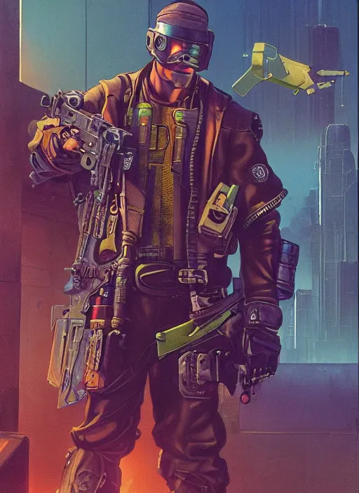 Image similar to cyberpunk mercenary. portrait by john philip falter and will eisner and gil elvgren and pixar. realistic proportions. overwatch, cyberpunk 2 0 7 7, blade runner 2 0 4 9 concept art. cel shading. thick lines.