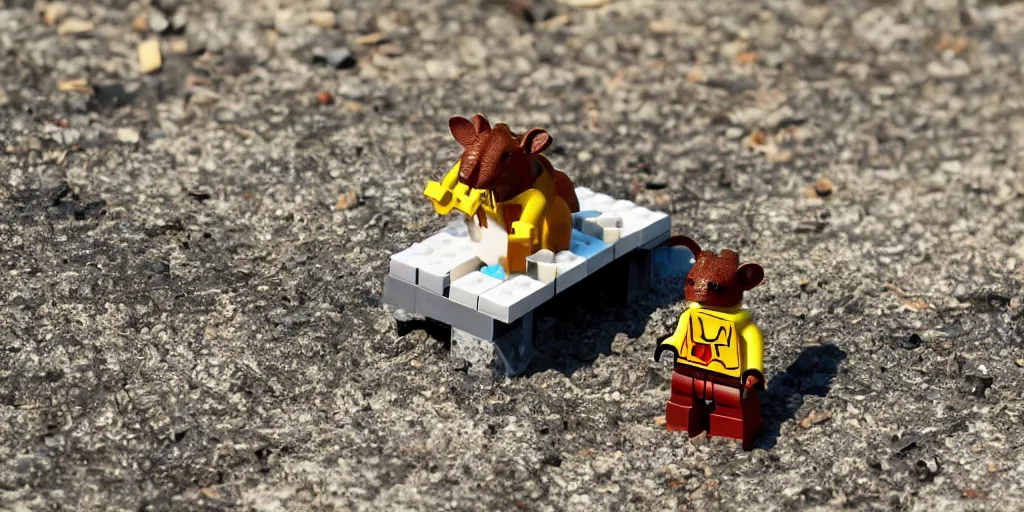 Prompt: A lego rat sitting on a lego bridge over a lego river