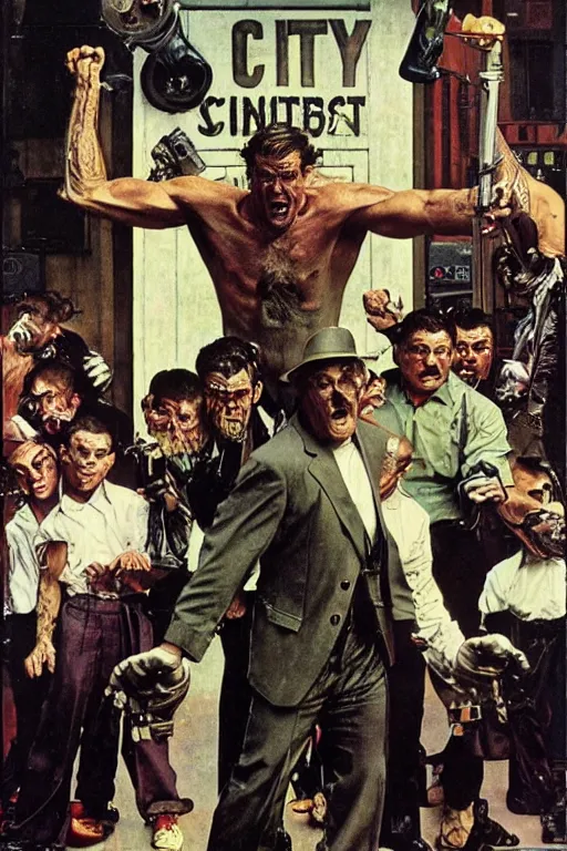 Image similar to josh brolin as huge monster gangster on city street, norman rockwell, wayne barlow, jacob collins, tom lovell, frank schoonover, neville page