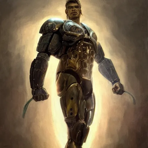 Image similar to handsome portrait of a spartan guy bodybuilder posing, radiant light, caustics, war hero, ghost in the shell, steel ball run, by gaston bussiere, bayard wu, greg rutkowski, giger, maxim verehin