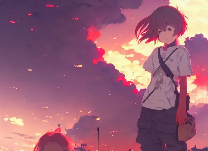 Image similar to firefighter girl, crumbling building background arson landscape illustration concept art anime key visual trending pixiv fanbox by wlop and greg rutkowski and makoto shinkai and studio ghibli and kyoto animation fireproof clothing hardware gear