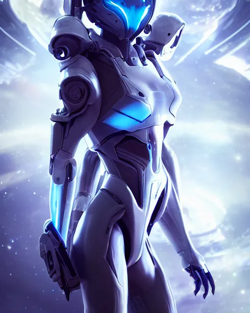 Image similar to perfect android girl on a mothership, warframe armor, beautiful face, scifi, futuristic, galaxy, nebula, raytracing, dreamy, long white hair, blue cyborg eyes, sharp focus, cinematic lighting, highly detailed, artstation, divine, by gauthier leblanc, kazuya takahashi, huifeng huang