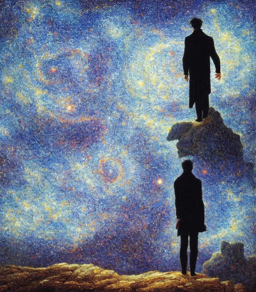 Image similar to an impasto oil painting of a futuristic wanderer gazing into a the universe painted by caspar david friedrich, light colors, starts, galaxy, pointilism