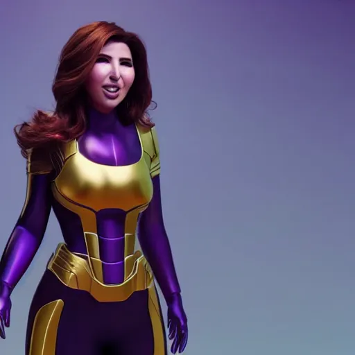 Image similar to a portrait of nancy ajram as thanos, the pixar adaptation, with same hairstyle, angry facial expressions, hyper detailed, digital art, trending in artstation, cinematic lighting, studio quality, smooth render, unreal engine 5 rendered, octane rendered