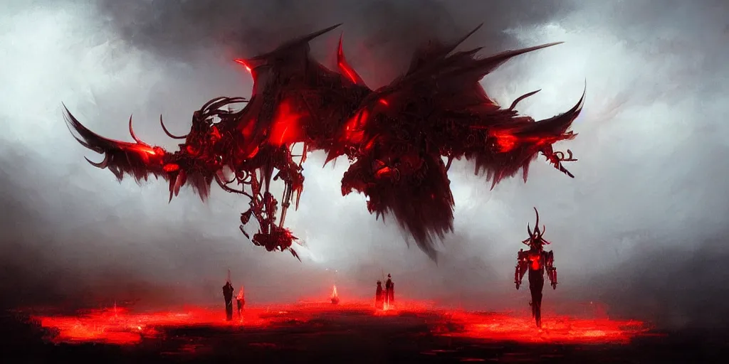 Image similar to mechanical steampunk cyborg devil red skin satan horns with white! angel wings flames and fire concept art greg rutkowski ivan aivazovsky