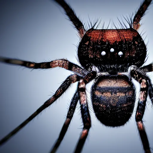 Image similar to macro lens photo of a spider, dynamic lighting, photorealistic, ultra detailed, stunning visuals, blur, studio photo, studio quality lighting, 8 k