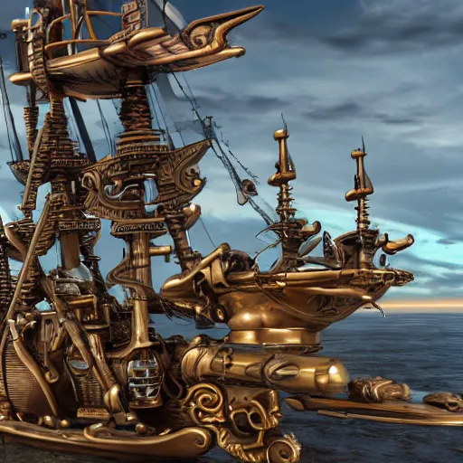 Image similar to futuristic metal pirate ship with guns and rockets , highly detailed, 4k, HDR, smooth, sharp focus, hyper realistic, high resolution