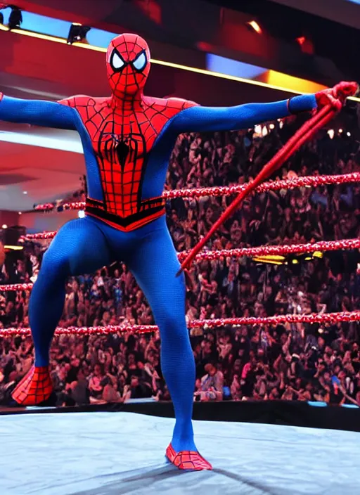 Image similar to spiderman entering entrances ramp of smackdown as samurai!