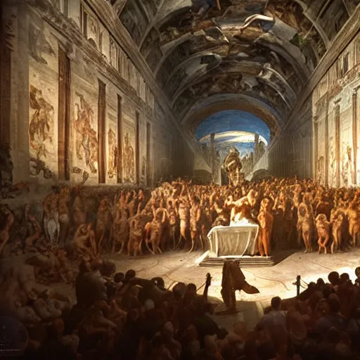 Image similar to the sistine chapel breaks in half as a portal from hell opens up, lucifer morningster emerges along with hordes of demons, the terrified priests and the pope look at the scene with terror in their eyes. highly detailed painting by gaston bussiere, greg rutkowski, craig mullins 8 k