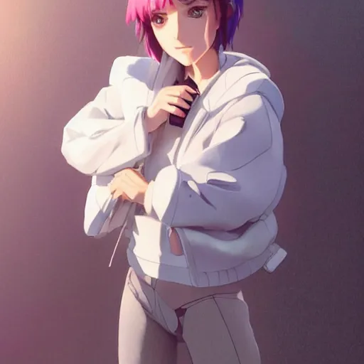 Image similar to a beautiful boyish natalie portman gravure model, cute girl with short pink hair, white loose plastic inflatable coat, mechanical arm, black tight pants, trending on pixiv fanbox, painted by greg rutkowski makoto shinkai takashi takeuchi studio ghibli, akihiko yoshida h 7 6 8