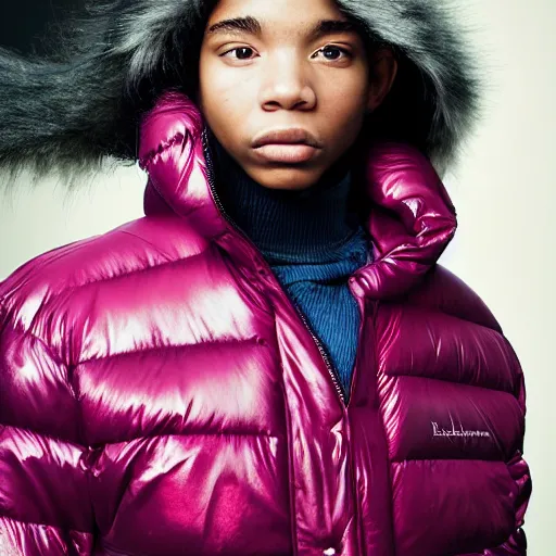 Image similar to realistic photoshooting for a new balenciaga lookbook color film photography portrait of a beautiful woman model, model wears a puffer jacket, photo in style of tyler mitchell, wes anderson