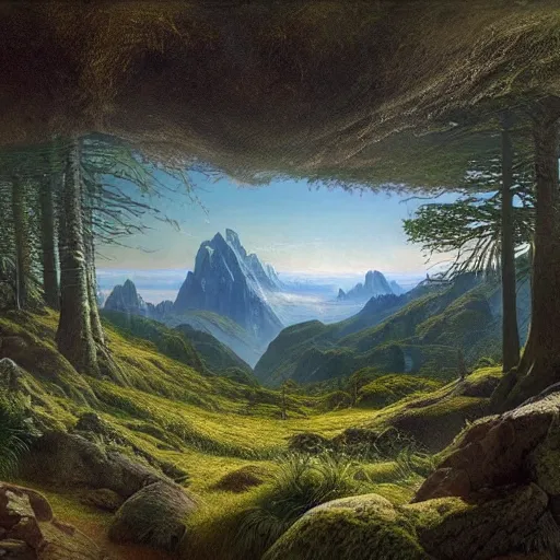 Image similar to a beautiful and highly detailed matte painting of an epic lush mountain range stretching into the distance, fir trees, intricate details, epic scale, insanely complex, 8 k, sharp focus, hyperrealism, very realistic, by caspar friedrich, greg rutowski, james gurney, zeen chin,