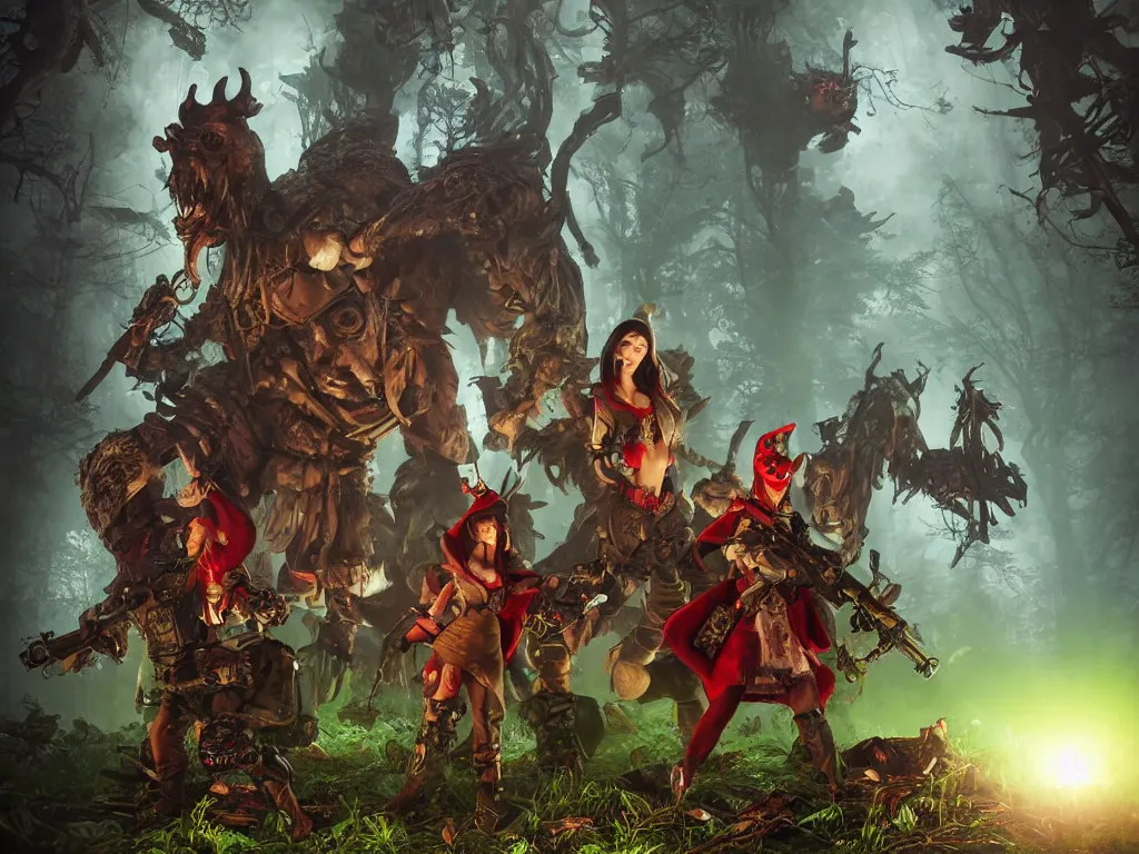 Prompt: red ridding hood and a troop of gamekeepers hunting on mystical monsters in forest. all wearing a steampunk and neonpunk mechanical fluorescent mystical animal masks. realistic fornite style. full body. product introduction photos. luminescent, elements, by stanley artgerm lau. epic cinematic shot, perfectly defined features, ambient occlusion