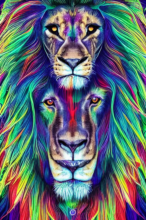 Image similar to a very high ultrarealistic hyper detailed photo of an psychedelic futuristic lion humanoid with dreadlocks in the cosmos