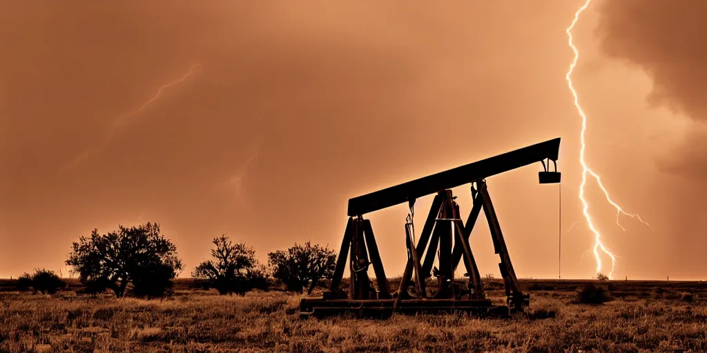 Image similar to photo of a stormy west texas sunset, perfect rustic ( ( pumpjack ) ), x - pan, high resolution lightning, golden hour, high detail, beautiful!!!