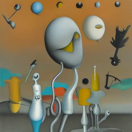 Prompt: Oil painting by Yves Tanguy. Mechanical gods with bird faces kissing. Oil painting by Lisa Yuskavage.